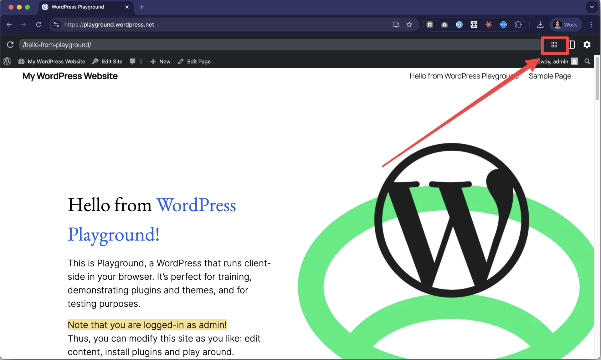 Snímek obrazovky webové stránky WordPress Playground s uživatelem přihlášeným jako správce. Červená šipka zvýrazňuje ikonu nabídky webu v pravém horním rohu okna prohlížeče WordPress Playground.