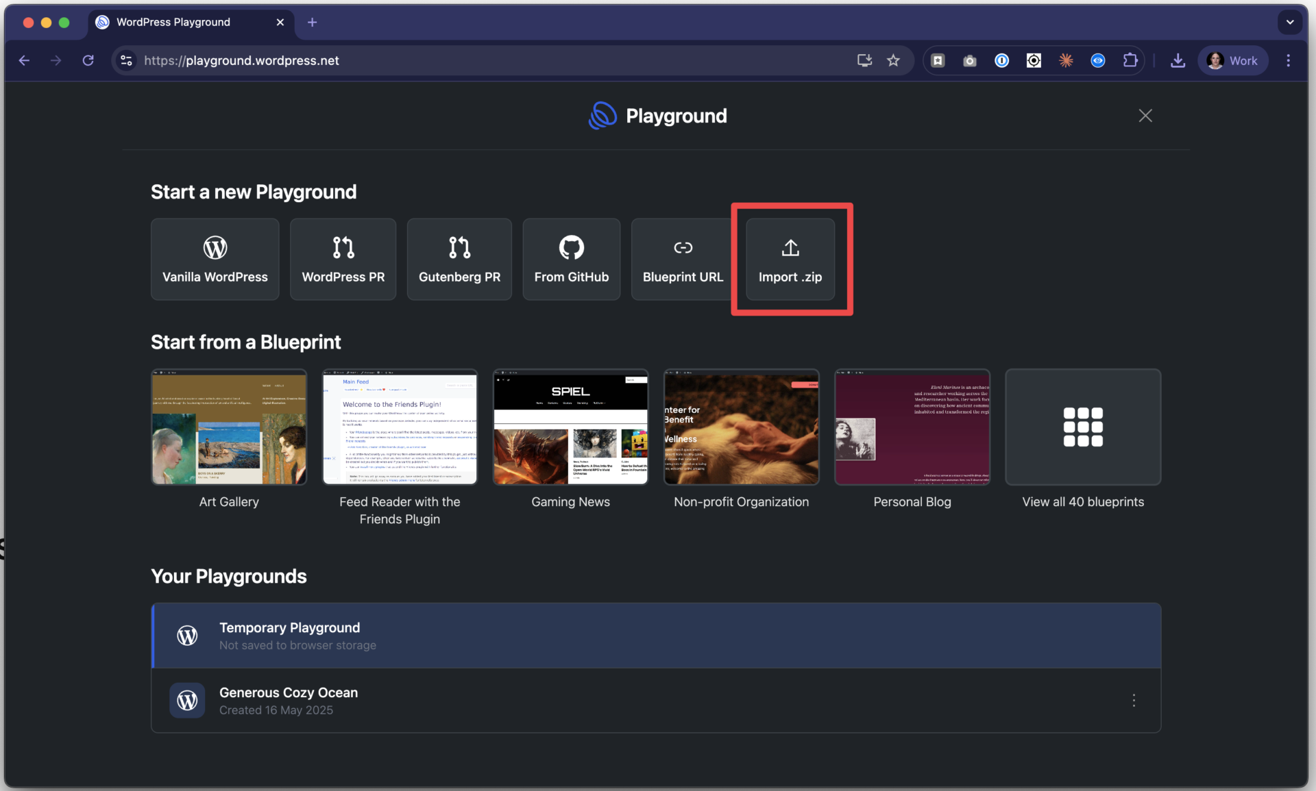 Webové rozhraní pro WordPress Playground zobrazuje možnosti spuštění nového hřiště, přičemž tlačítko "Import .zip" pro weby WordPress je zvýrazněno červeným obdélníkem.